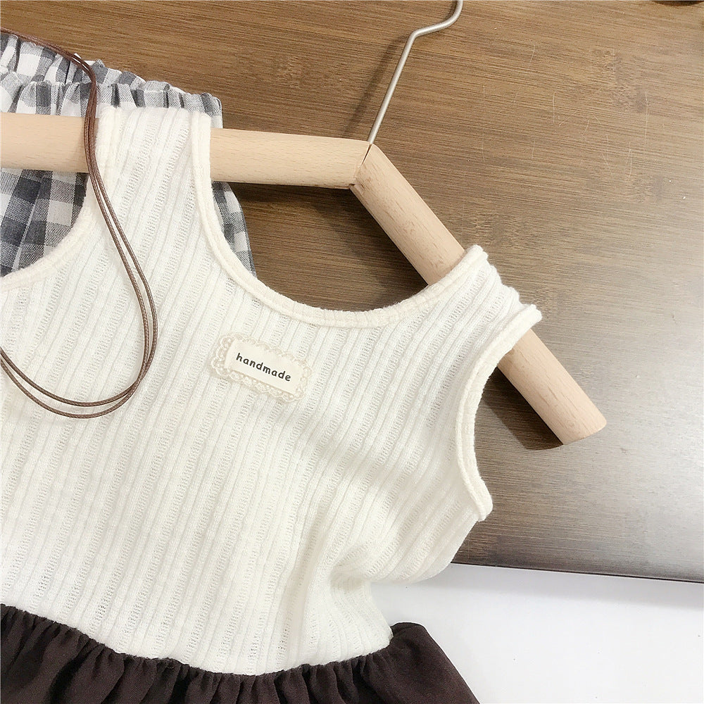 【90-140】フリルヘムトップス×チェック柄ロングパンツセット