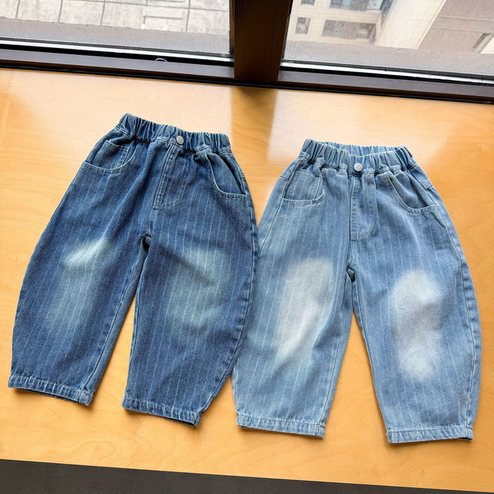 【80-150】ストライプ柄カーブデニムパンツ
