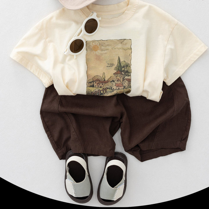 【90-130】アートプリントショート丈Tシャツ