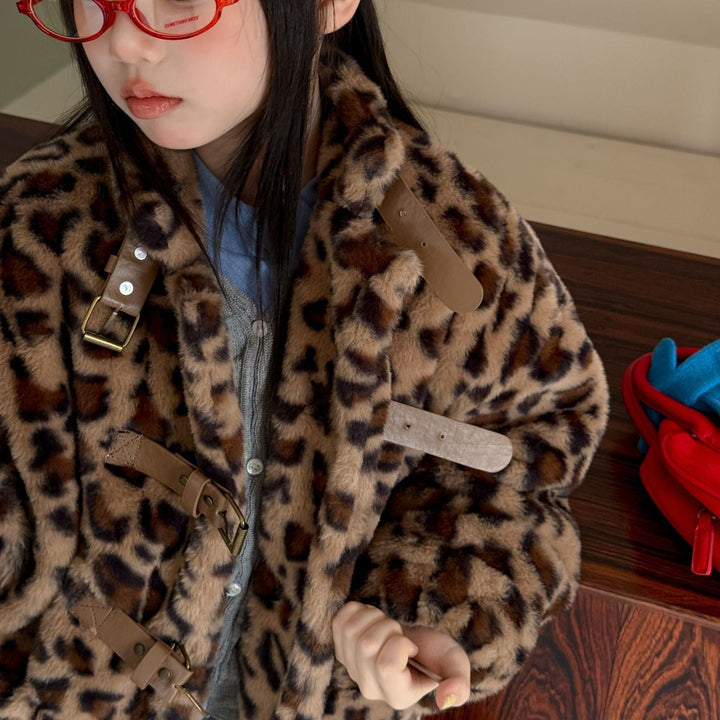 【100-150】レオパード柄スタンドカラーショートコート