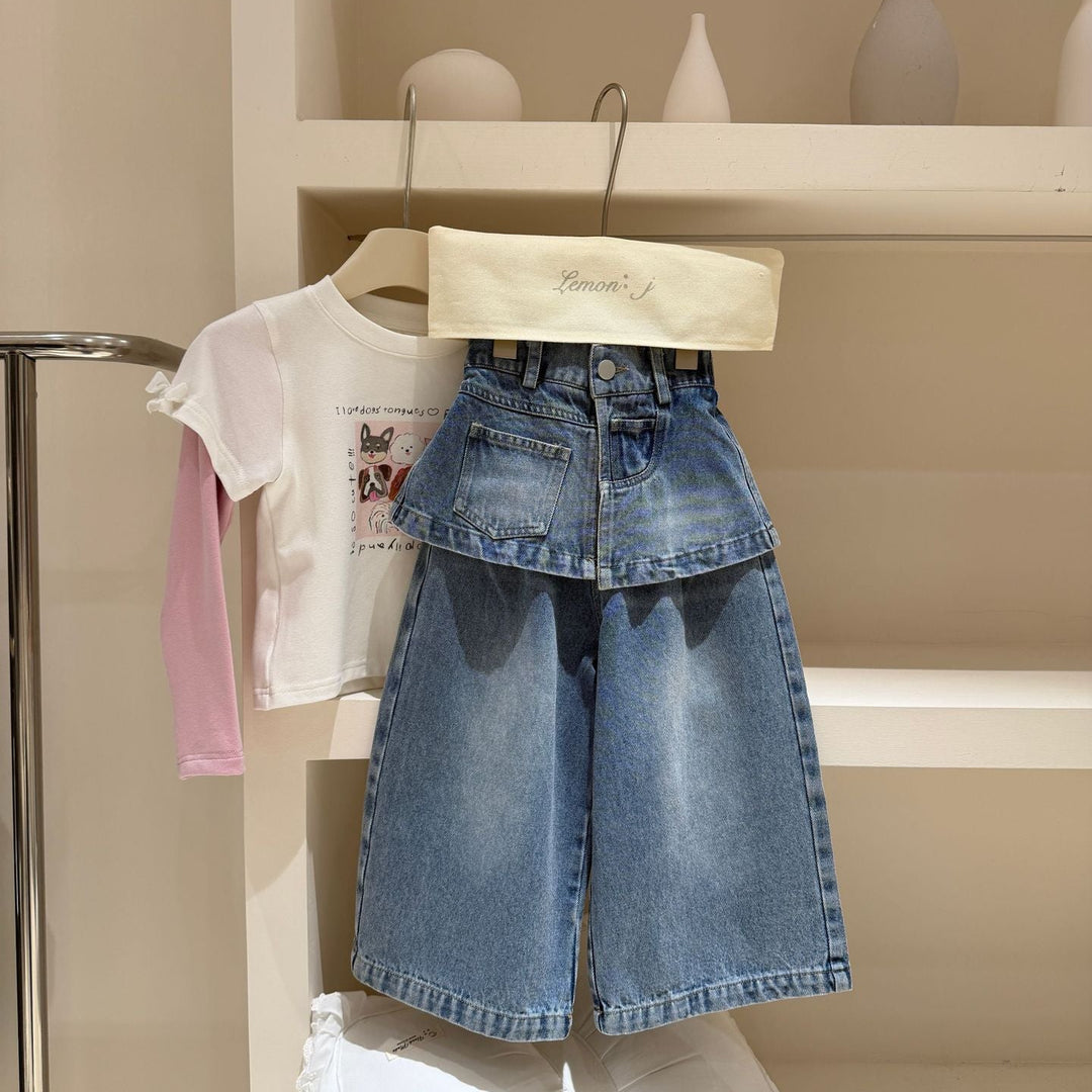 【100-150】レイヤード風デニムワイドパンツ