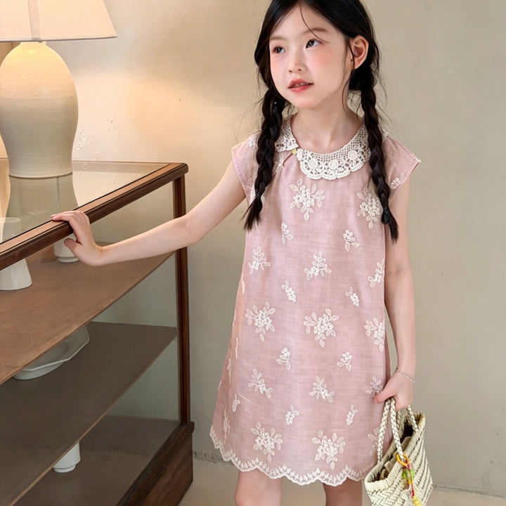 【100-150】レースカラー花柄刺繍ワンピース