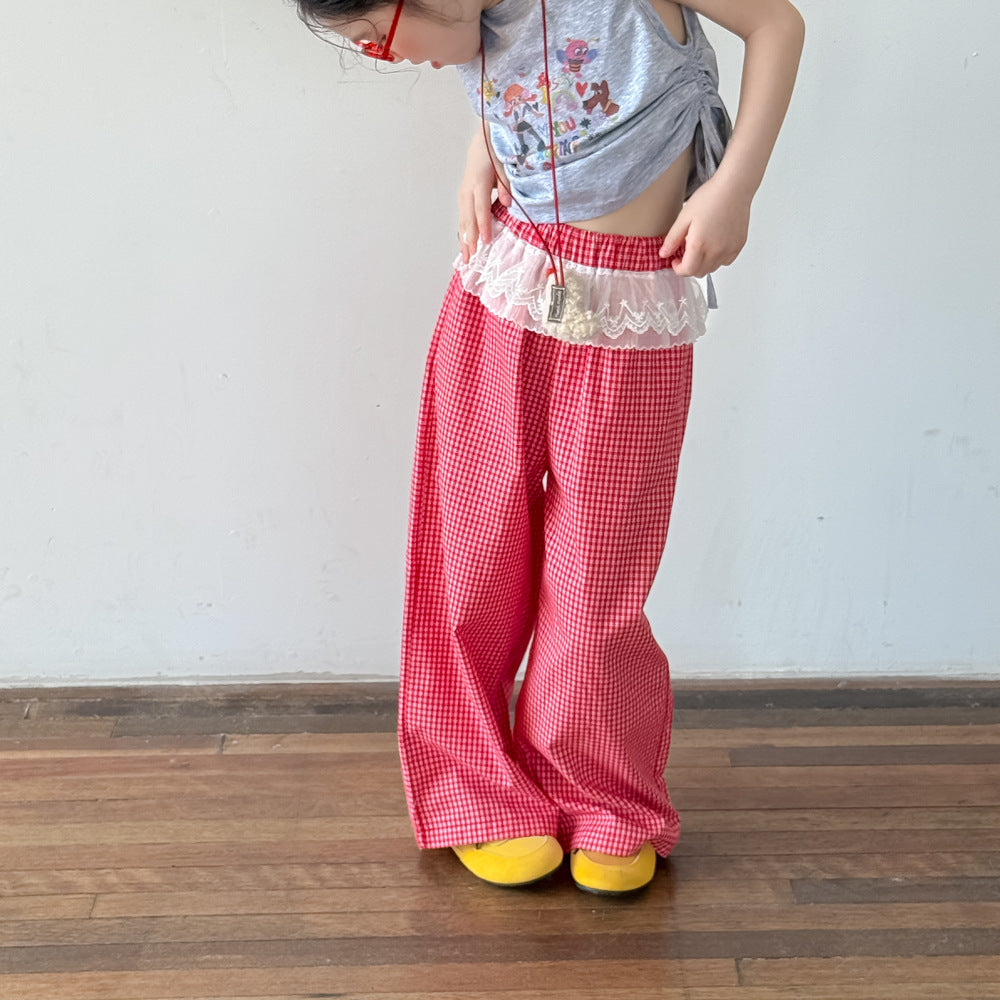 【90-150】ウエストレースギンガムチェックロングパンツ