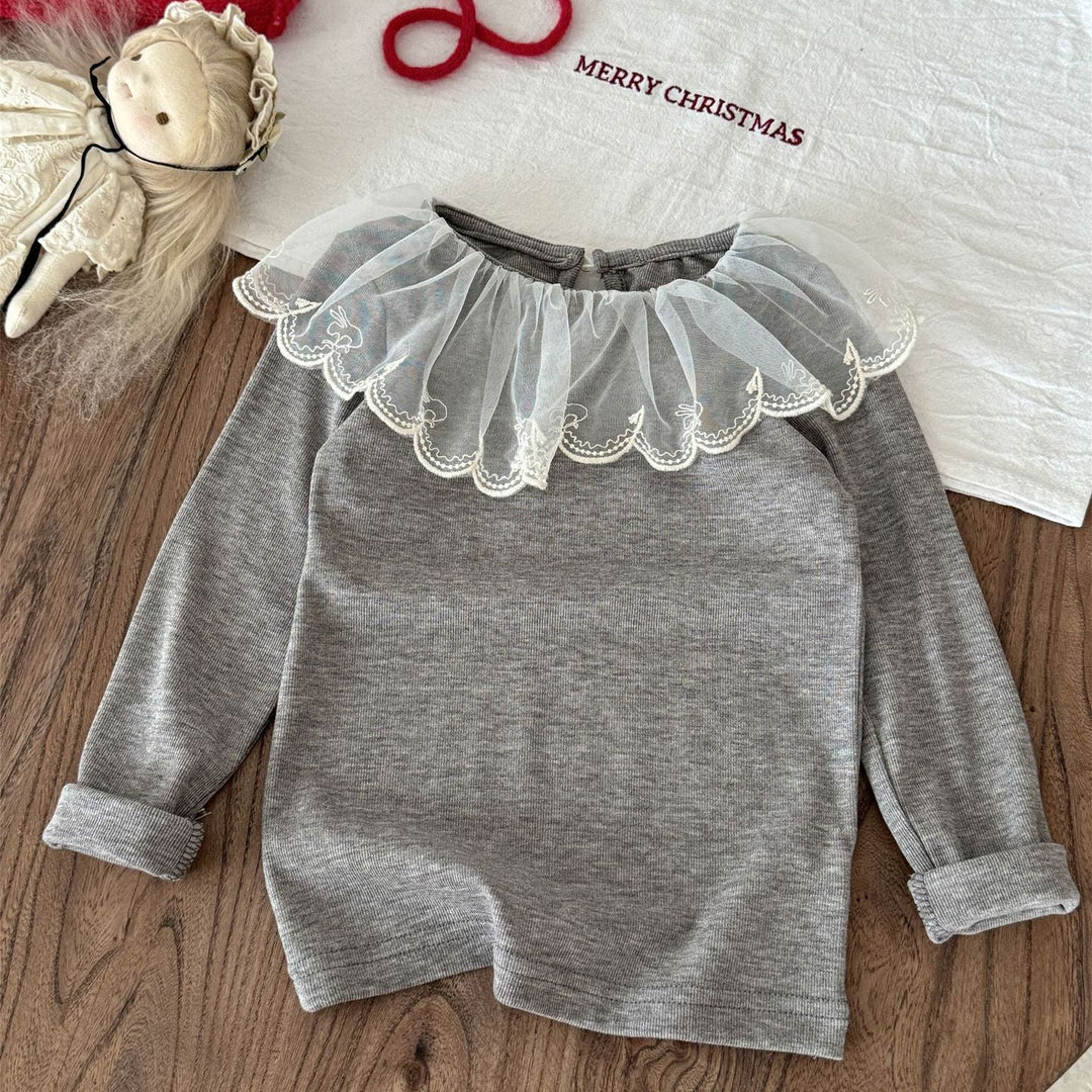 【90-140】刺繍フリルカラー長袖トップス