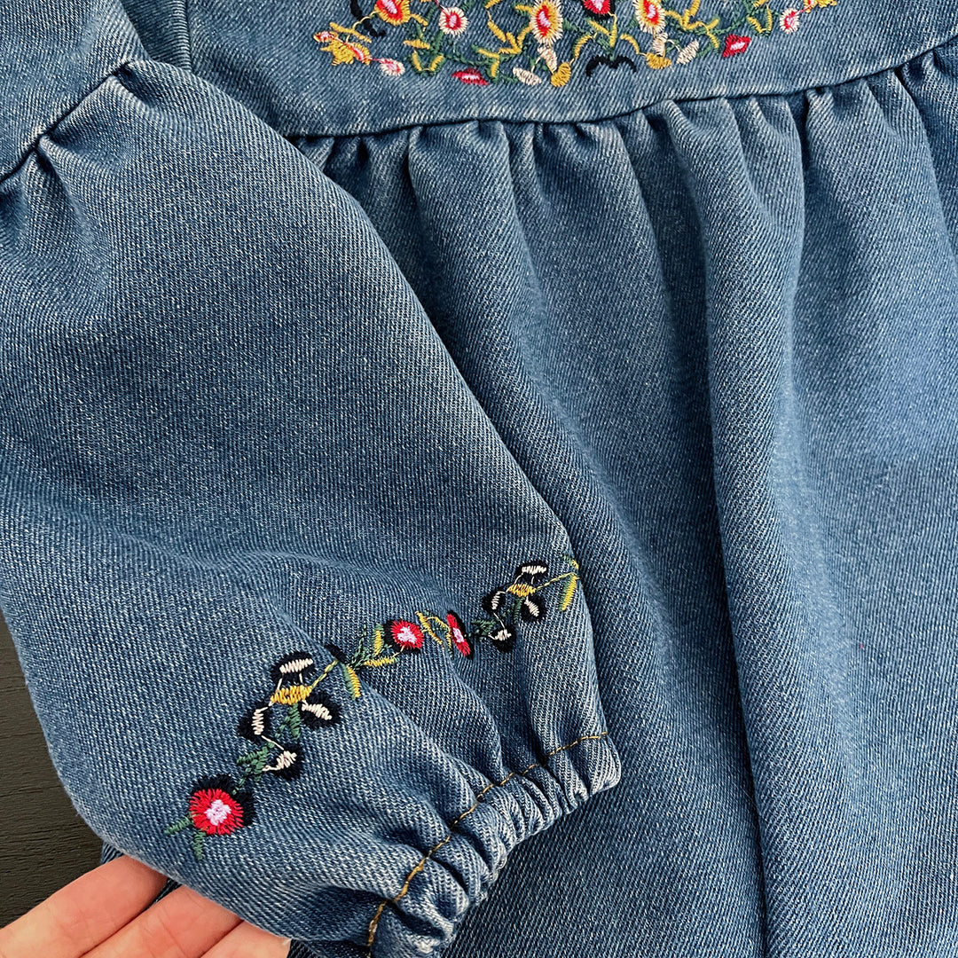 【90-140】フラワー刺繍デニムワンピース