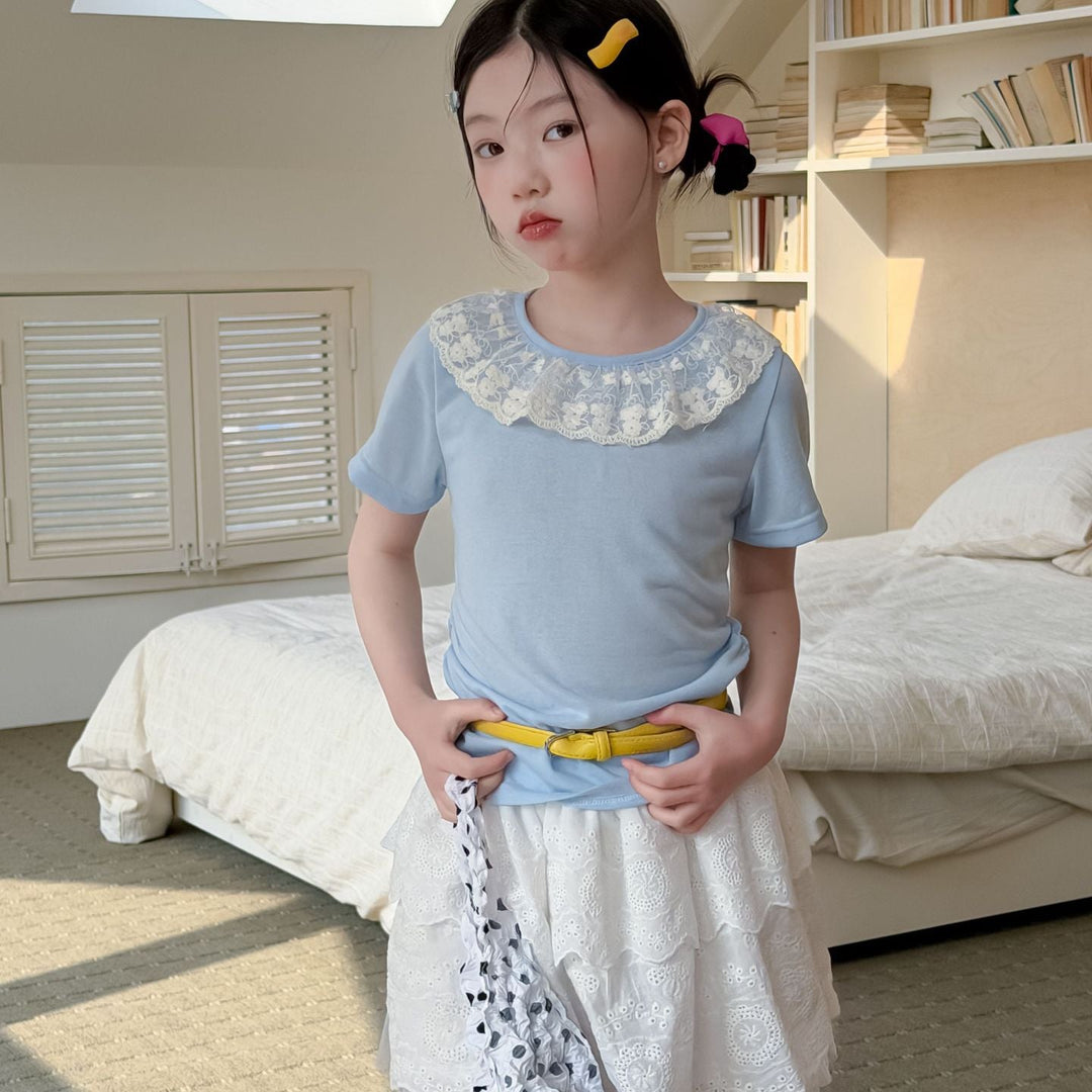 【100-150】レースラッフルカラーTシャツ