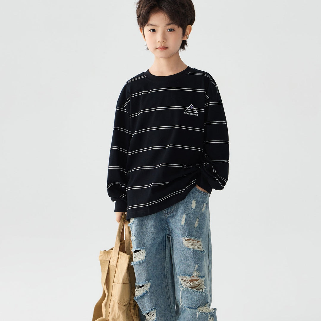 【100-150】ボーダーデザインロングTシャツ