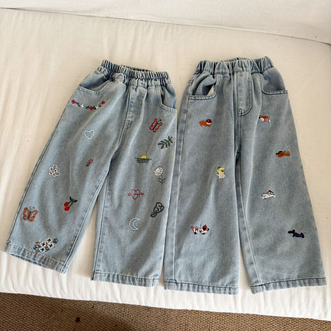 【80-150】刺繍デザインストレートデニムパンツ