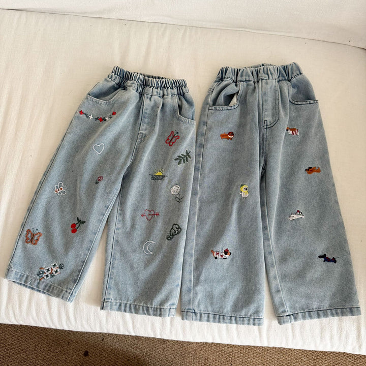 【80-150】刺繍デザインストレートデニムパンツ