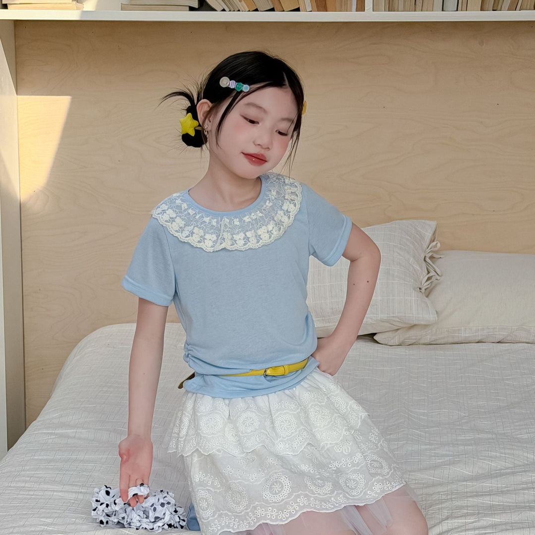 【100-150】レースラッフルカラーTシャツ