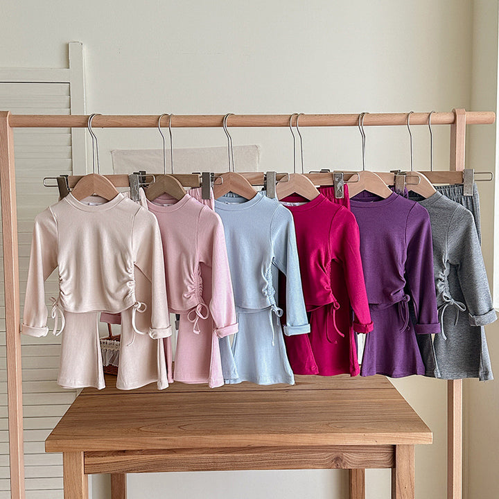 【90-140】ウエストシャーリングトップス×フレアパンツセット