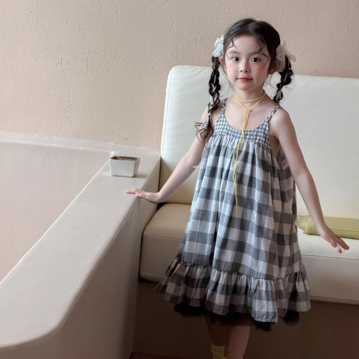 【90-150】フリルヘムギンガムチェックキャミワンピース