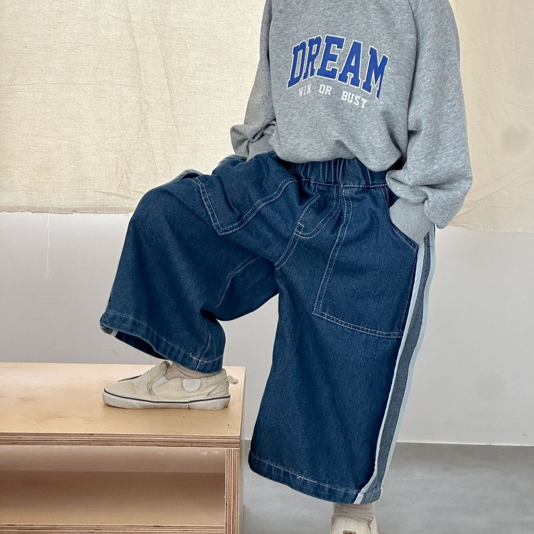 【80-150】ラインデザインワイドデニムパンツ