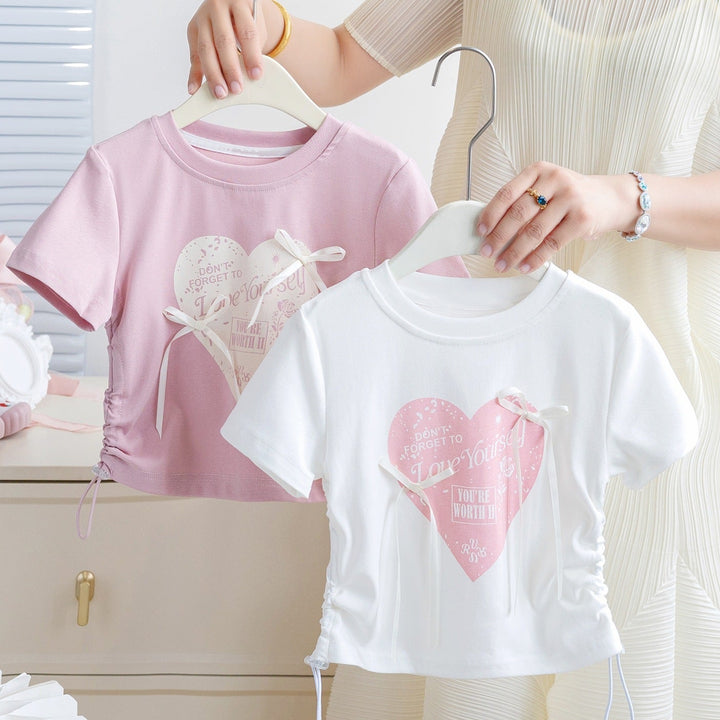 【80-130】サイドギャザーキュートデザインTシャツ