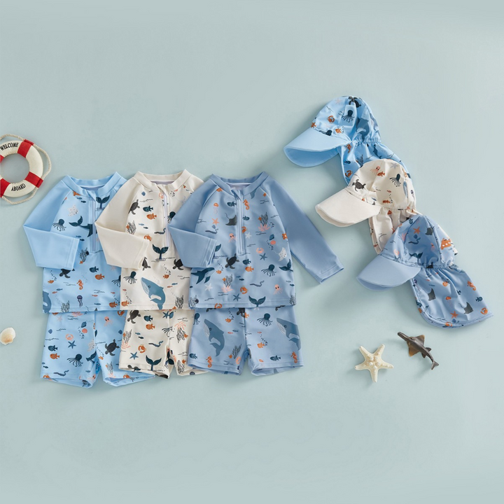 【6ヵ月-4歳】帽子付き総柄セパレートスイムウェア