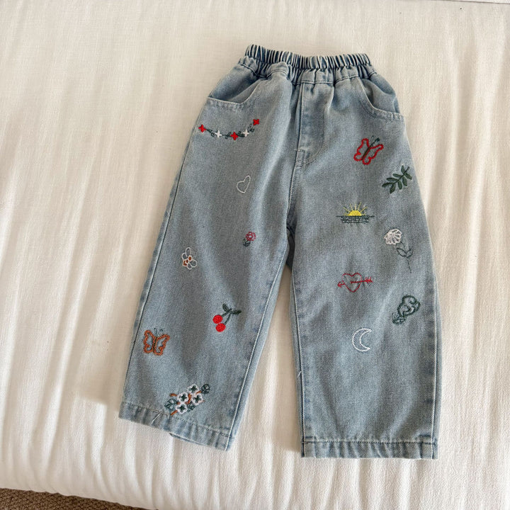 【80-150】刺繍デザインストレートデニムパンツ
