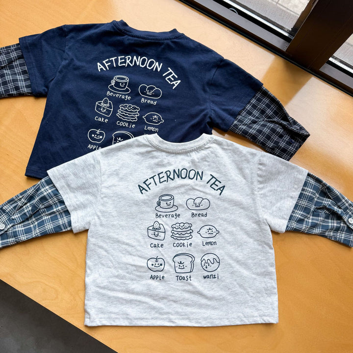 【80-150】バックプリントレイヤード風長袖Tシャツ
