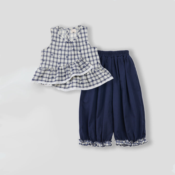 【90-140】花柄＆チェック柄フリルヘムセットアップ