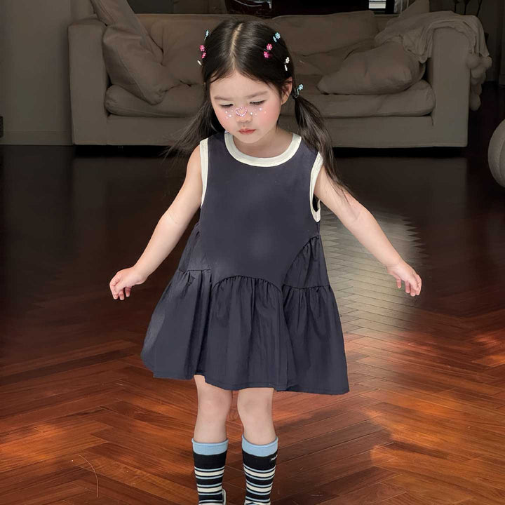 【90-140】デザイン切替バイカラーノースリワンピース