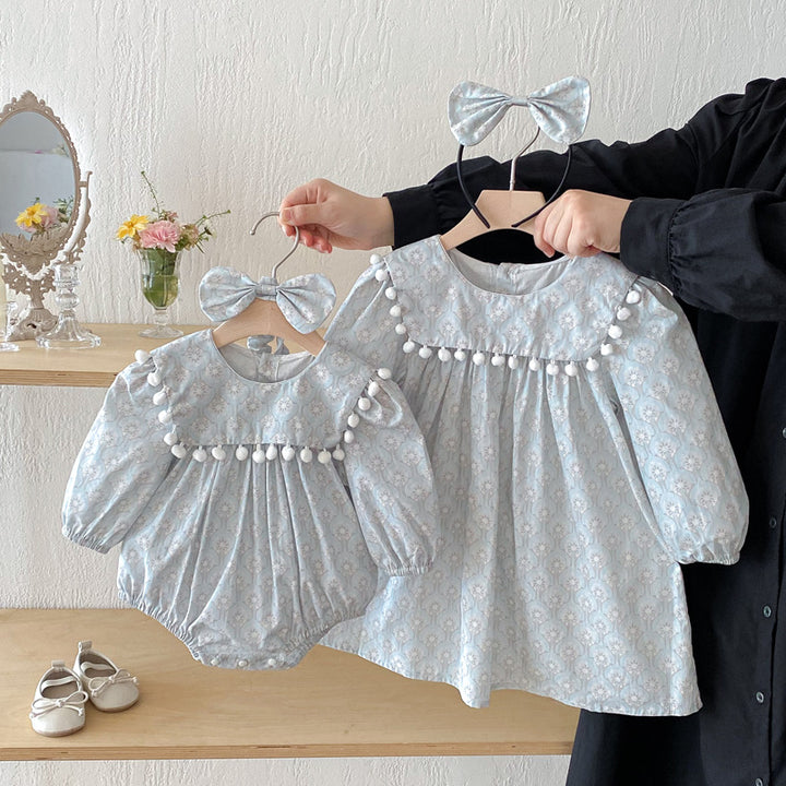 【73-90】ミニポンポンデザイン長袖ロンパース