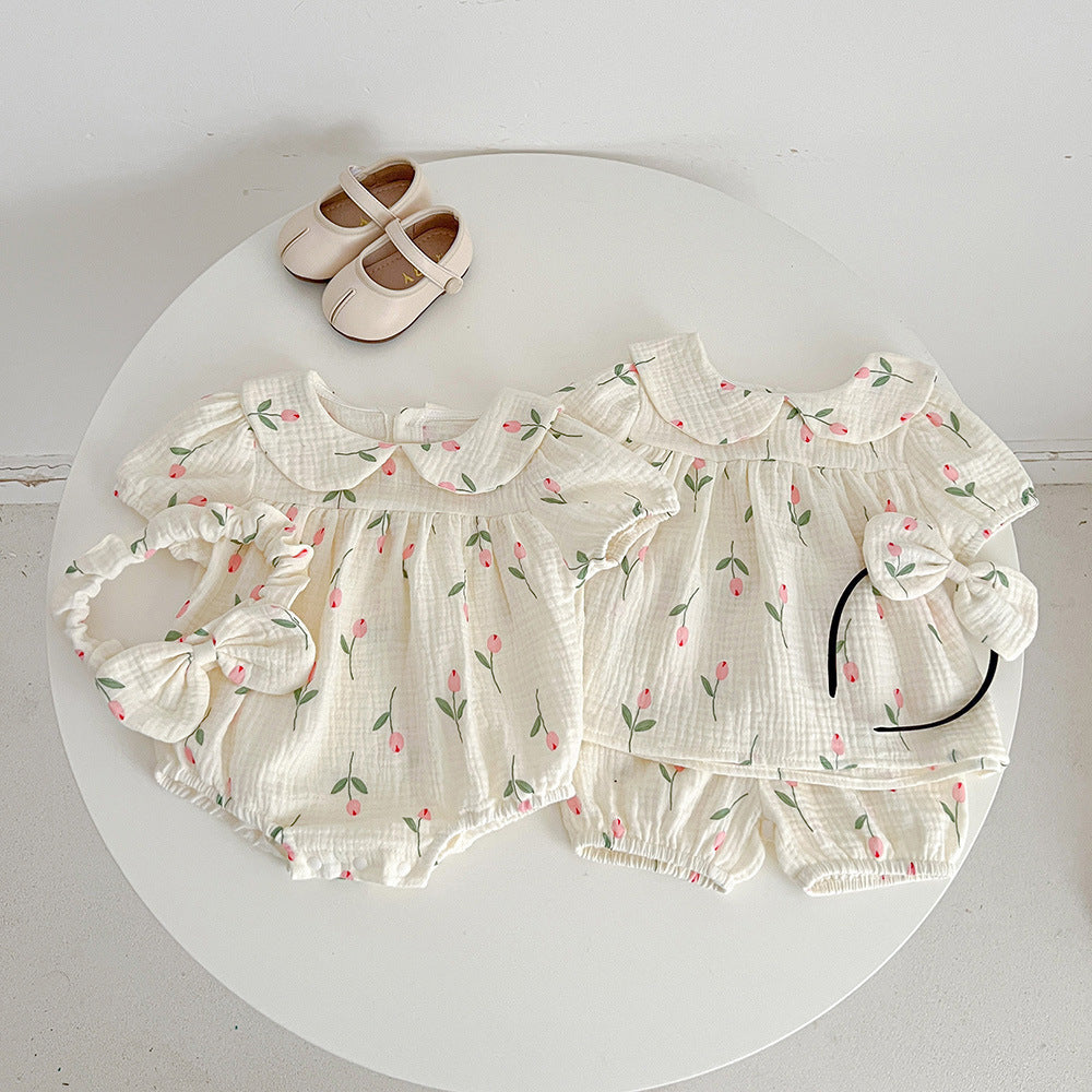 【73-100】襟付きチューリップ柄ロンパース