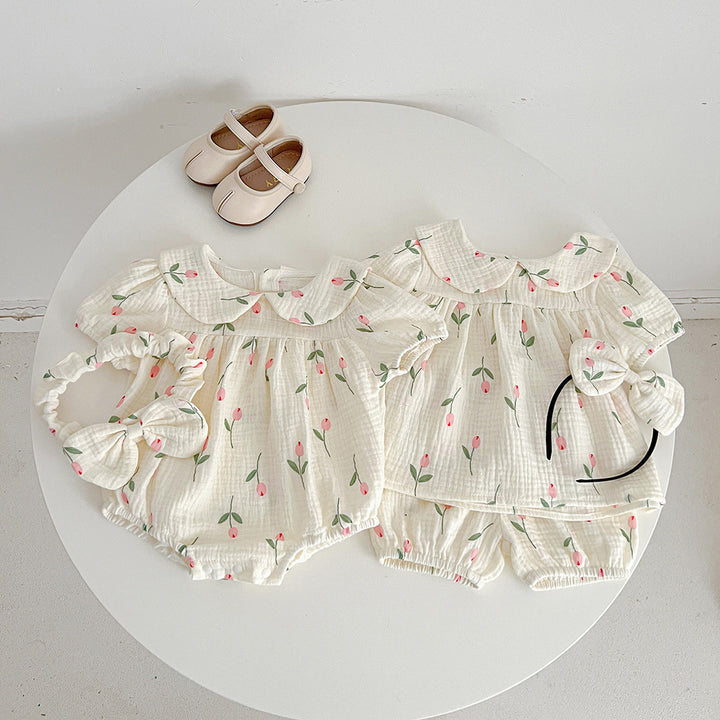 【73-100】襟付きチューリップ柄ロンパース