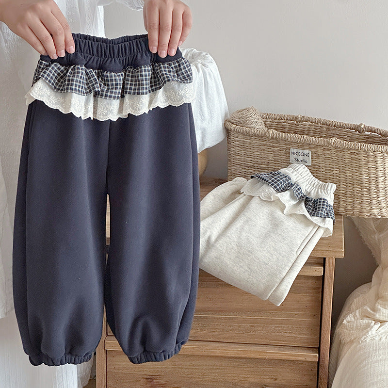 【90-150】チェックレイヤード風ロングパンツ