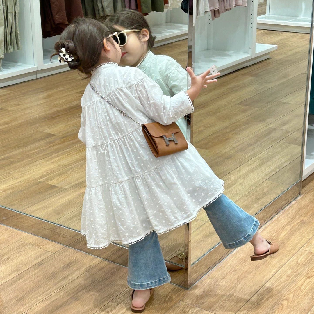 【90-140】スタンドカラースイスドットティアードワンピース