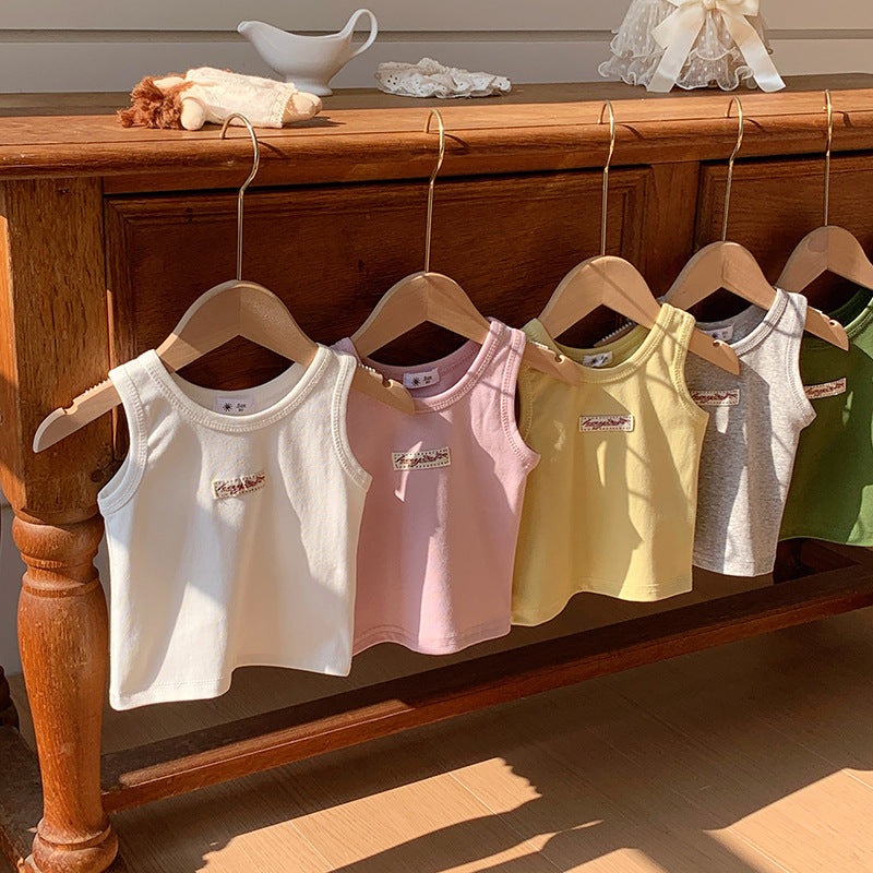 【90-150】ワンポイントワッペンノースリーブトップス