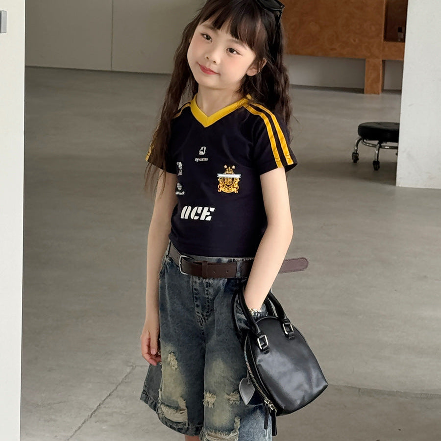 【100-150】ユニフォーム風VネックTシャツ