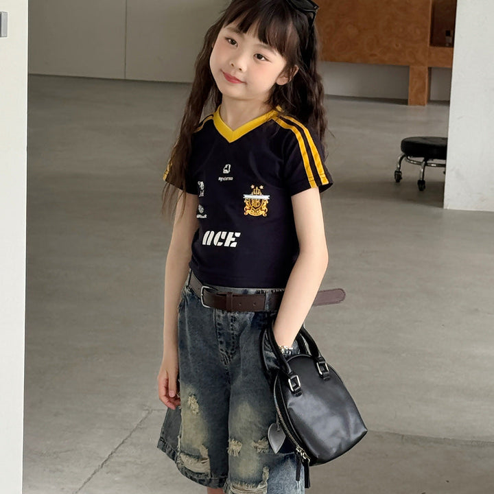 【100-150】ユニフォーム風VネックTシャツ