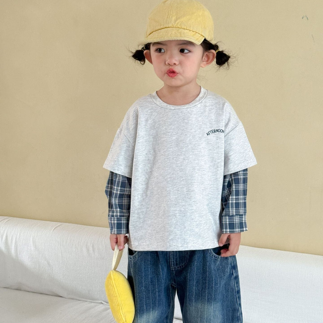 【80-150】バックプリントレイヤード風長袖Tシャツ