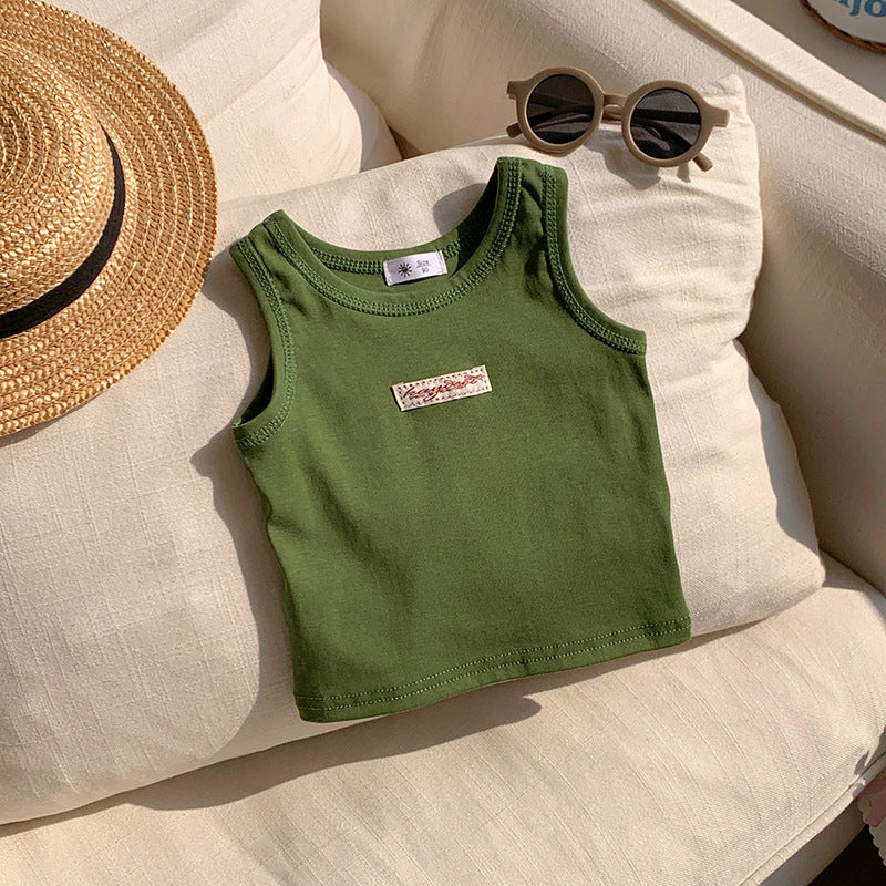 【90-150】ワンポイントワッペンノースリーブトップス