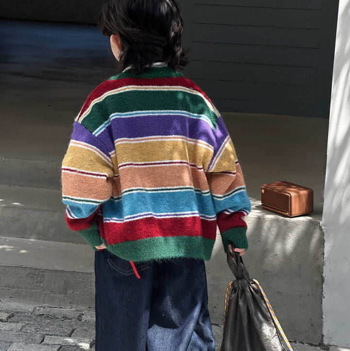 【90-150】カラフルボーダー柄カーディガン