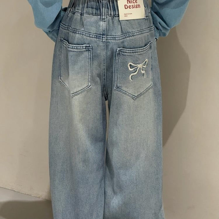 【120-150】バックポケットリボンデニムパンツ