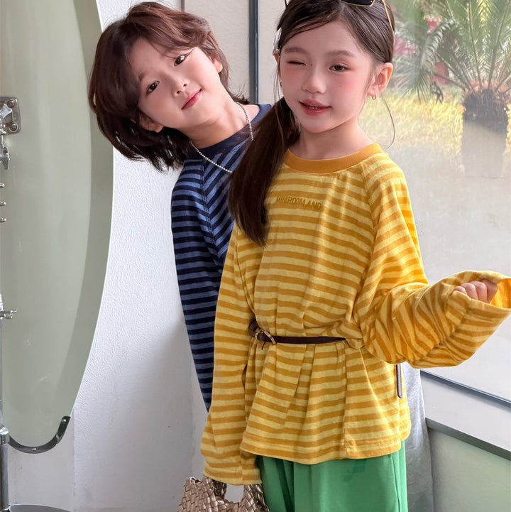 【90-150】ボーダーミニ英字ロゴ長袖Tシャツ