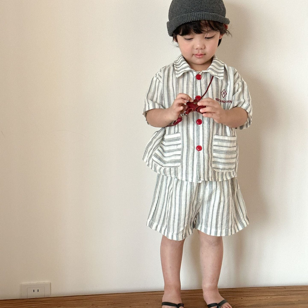 【80-150】ストライプデザイン半袖セットアップ