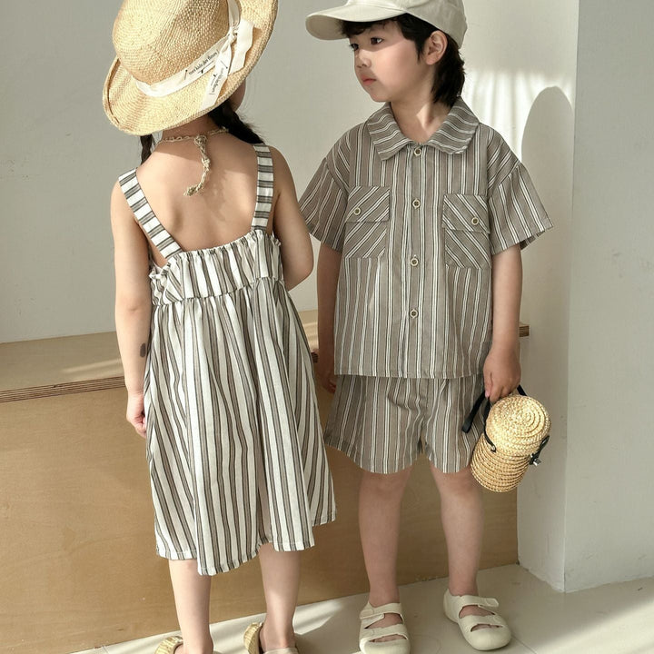 【80-150】ストライプ半袖シャツ×ハーフパンツセット