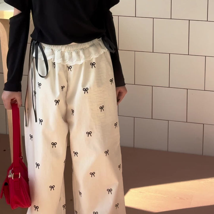 【90-150】ウエストレース総柄ワイドパンツ