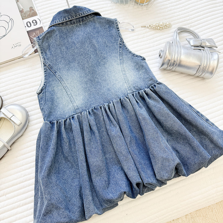 【90-150】デニムノースリーブポロワンピース