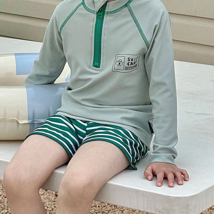 【90-140】ハーフジップトップス×ボーダー柄スイムウェア