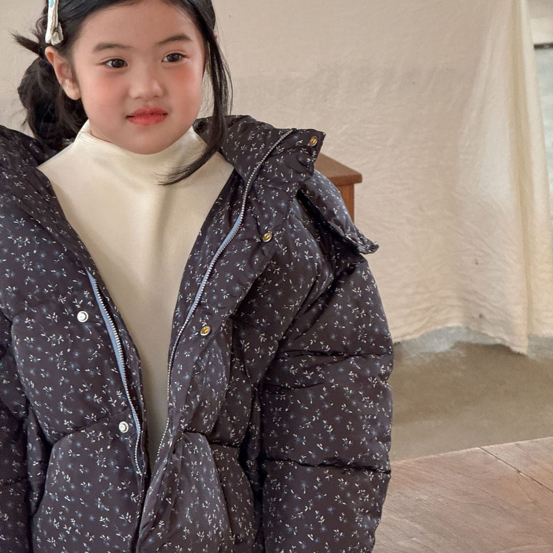【90-140】フード付き小花柄中綿ジャケット