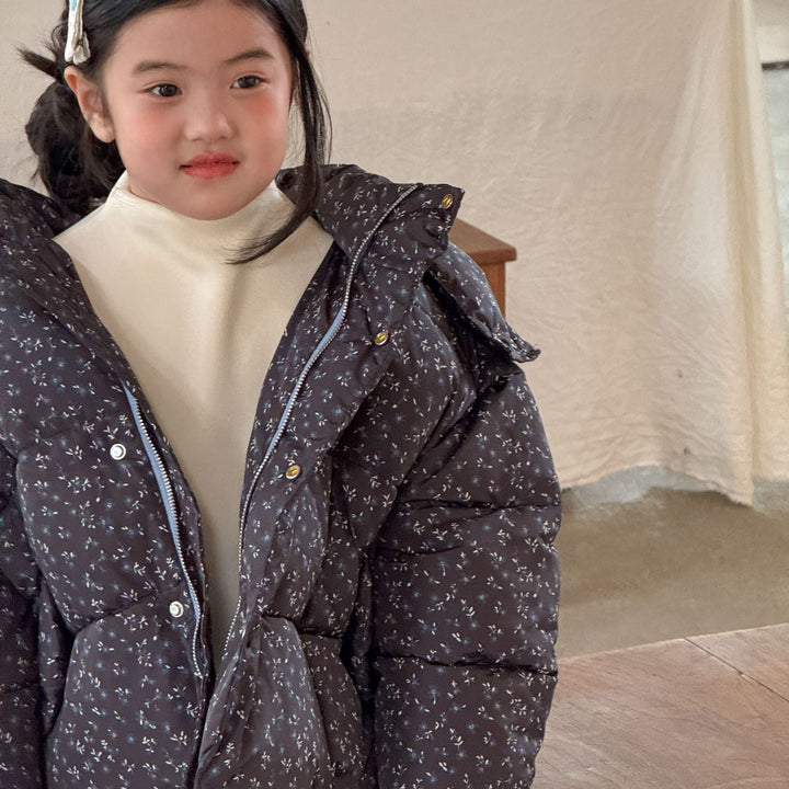 【90-140】フード付き小花柄中綿ジャケット