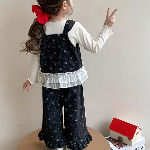 【90-140】トップス×リボン柄フリルデザインセットアップ