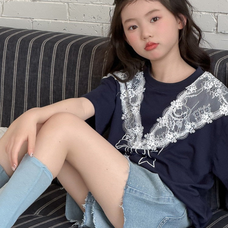 【120-150】レース＆リボンデザインTシャツ