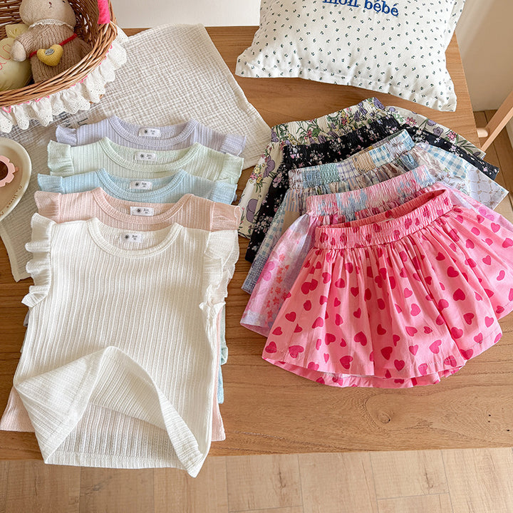【90-140】ノースリトップス×総柄ショートパンツセット