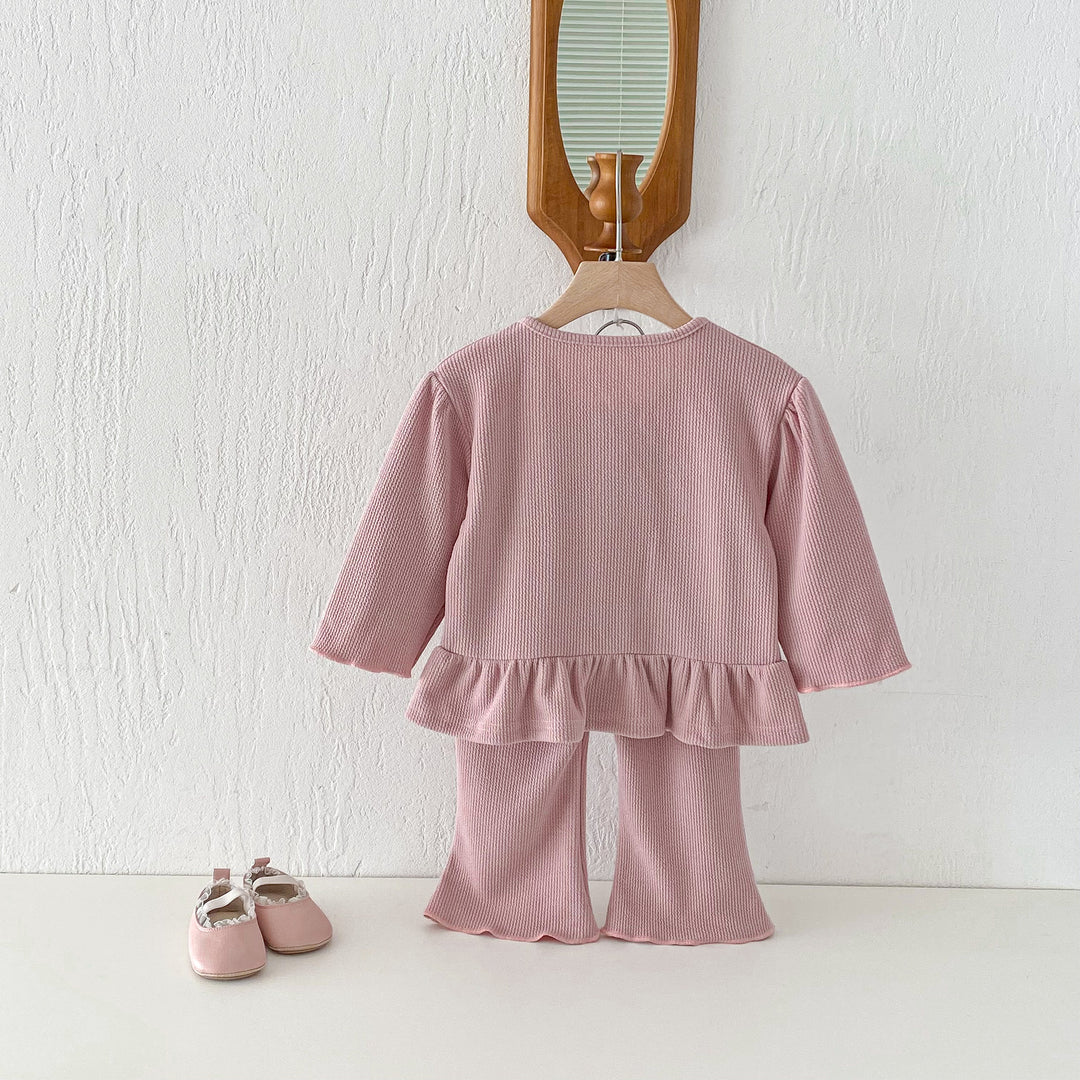 【80-130】フリルヘムカーデ×ロングパンツセット