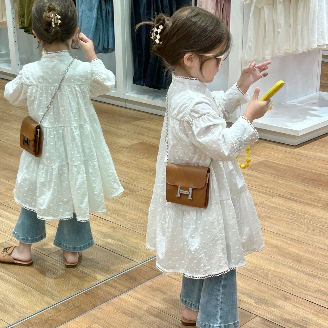 【90-140】スタンドカラースイスドットティアードワンピース