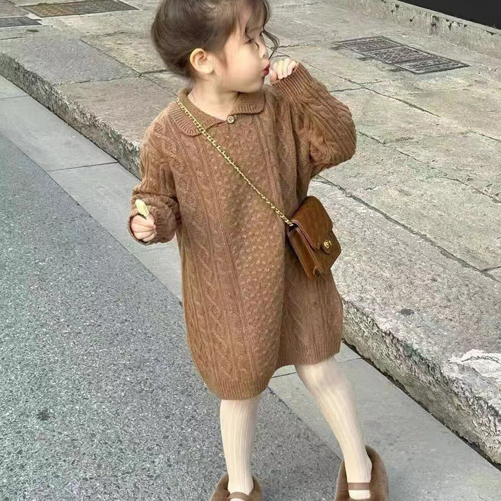 【90-140】襟付きケーブルニットワンピース