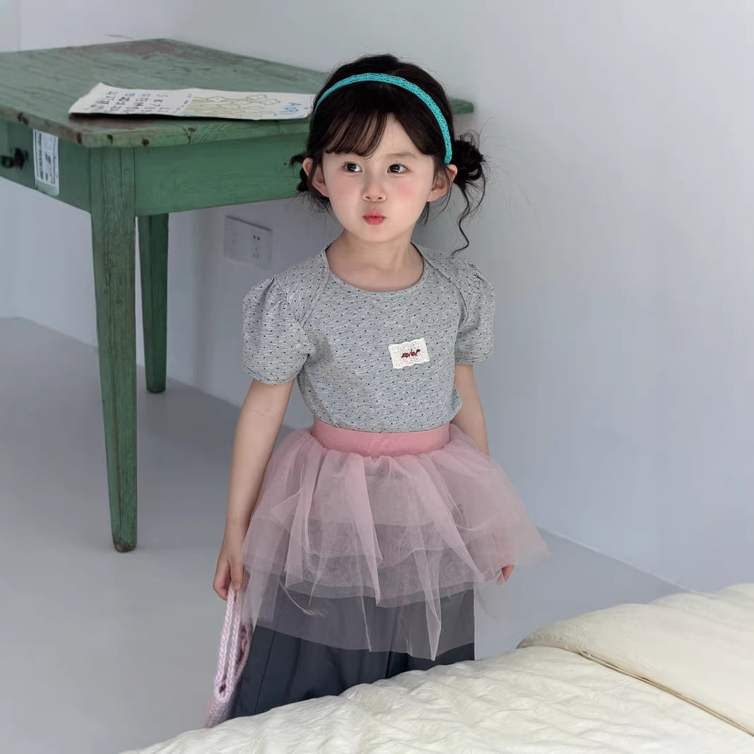 【90-140】ドット柄パフスリーブTシャツ